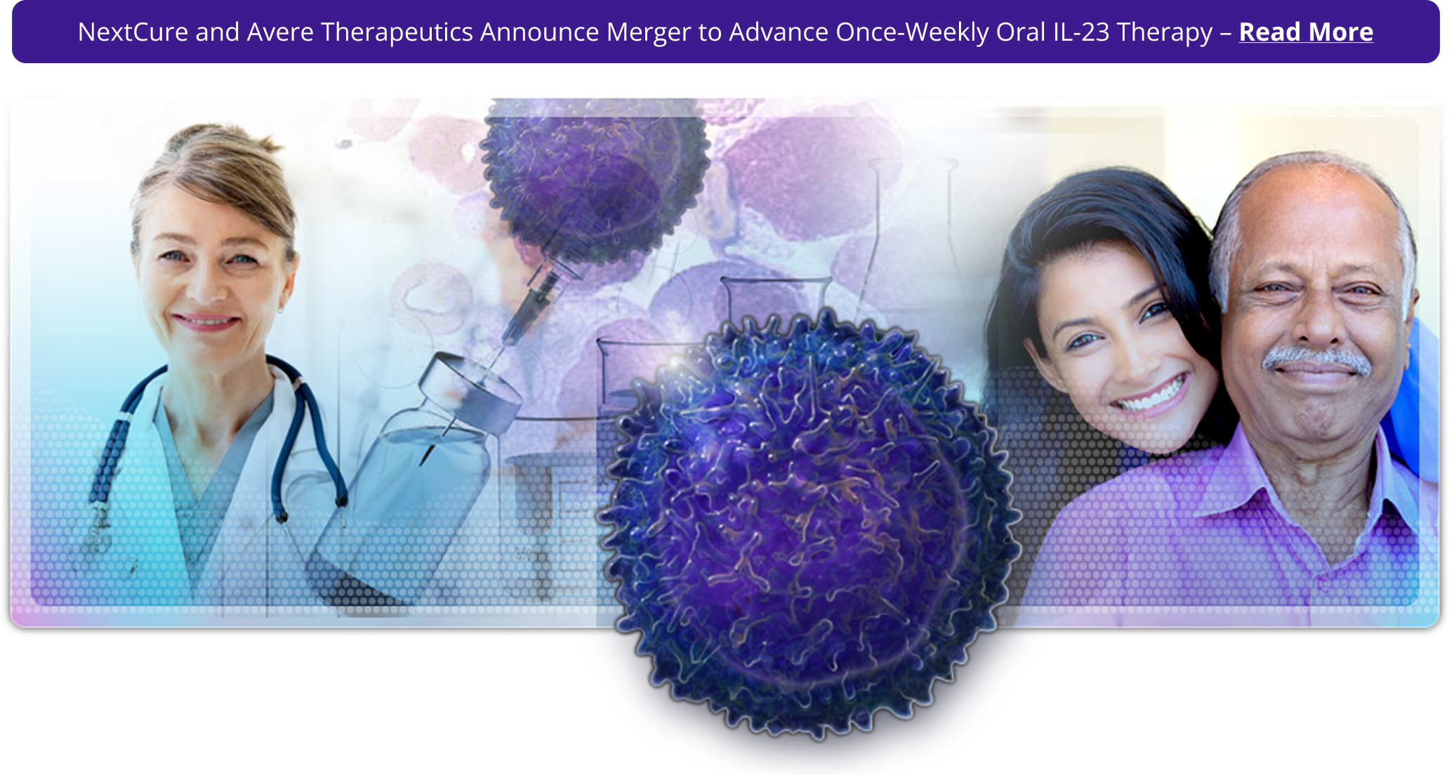 Medical research graphic, with a clinician, laboratory equipment, a cell illustration, and a smiling family